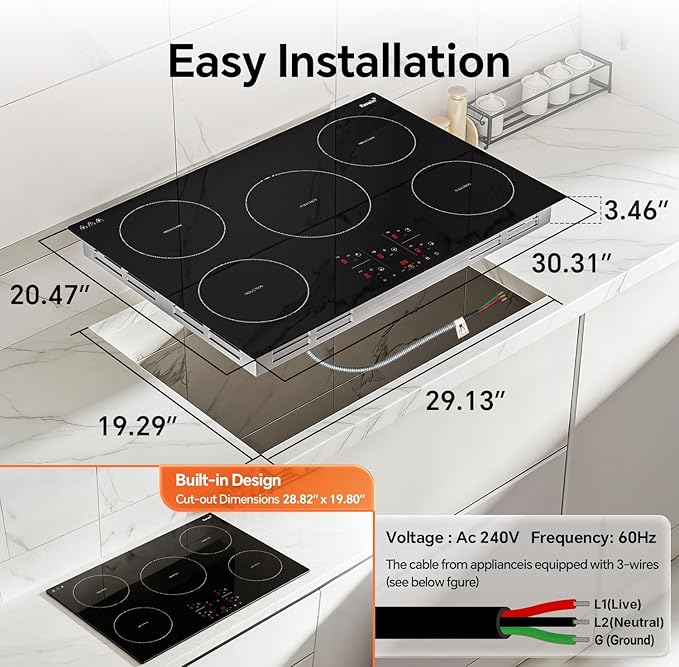 Ranein Induction Cooktop 30 Inch, Build-in 5 Burners Electric Stove Top, 9 Power Settings, Max 9200W, Sensor-Control Induction Hob with Multiple Safety Protections, Compatible with Magnetic Cookers