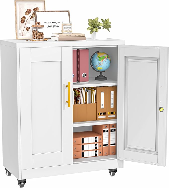 Metal Storage Cabinet-35” Tall Steel File Cabinets with Lockable Doors and Adjustable Shelves, Steel Tool Cabinet with Wheel for Home, School, Office, Garage White
