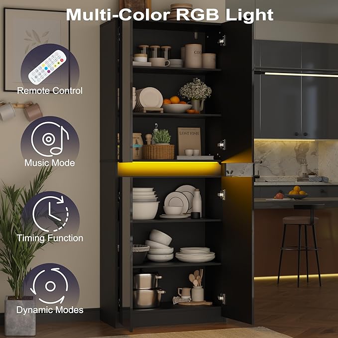71" Tall Pantry Storage Cabinet, Kitchen Pantry with High Gloss Doors, Modern Buffet Hutch Cabinet with Led Light and Adjustable Shelves for Dining Room, Living Room, Black