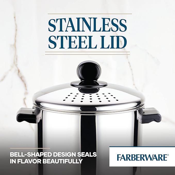 Farberware 70755 Classic Series Stainless Steel 8-Quart Covered Straining Stockpot with Lid, Stainless Steel Pot with Lid, Silver