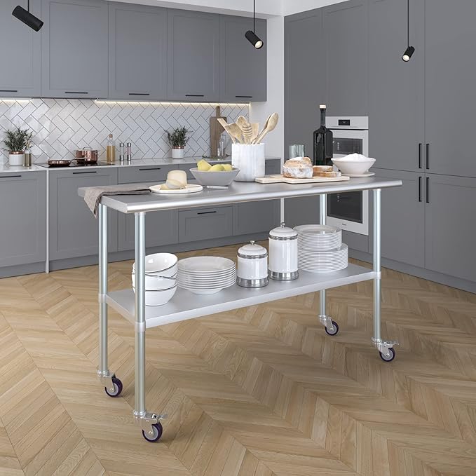AmGood 60" Long x 24" Deep Stainless Steel Table with Casters