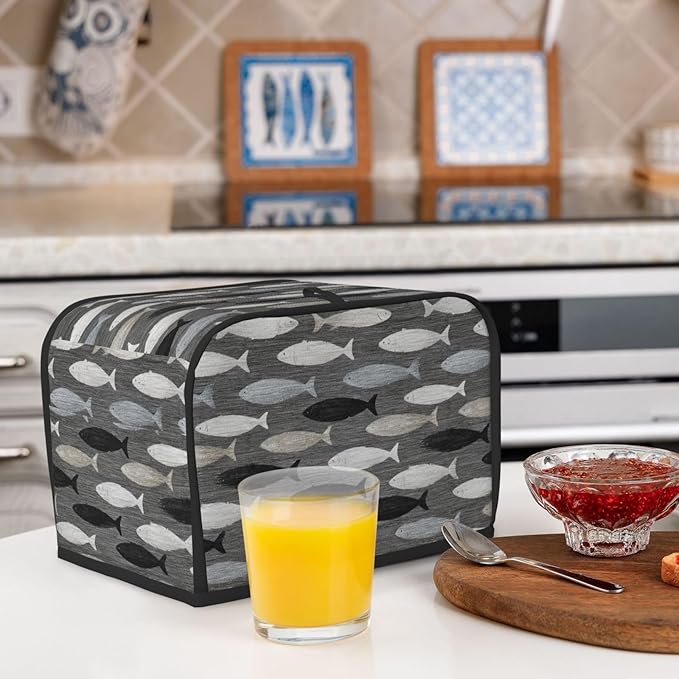 2 Slice Toaster Cover for Kitchen Gray Fish Pattern Waterproof and Dustproof Oxford Fabric Toaster Dust Cover with Side Pockets Decorative Universal Cover for Wide Slot Toasters and Small Appliances