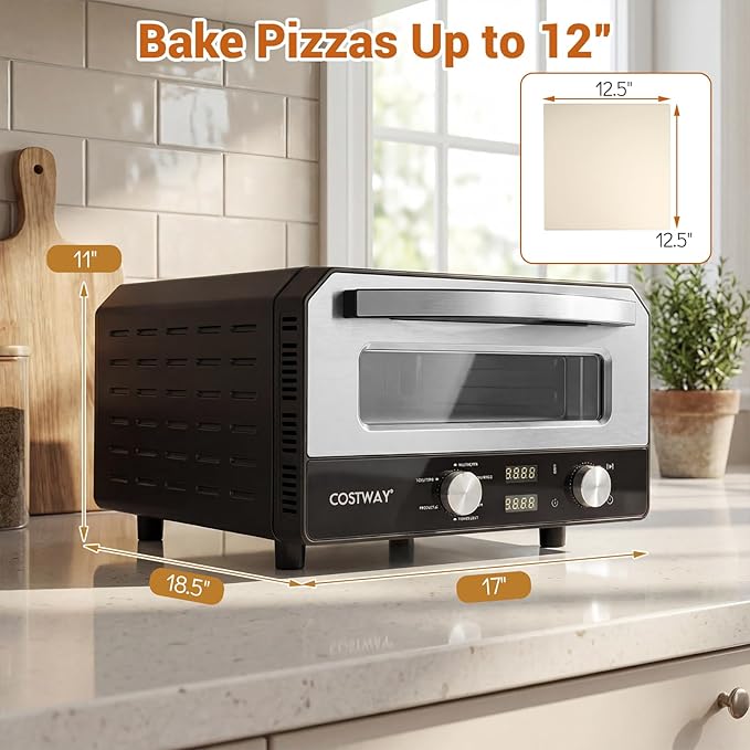 COSTWAY 1700W Electric Pizza Oven Indoor, 6 Presets & 2-Min Rapid Baking Heats up to 750℉, Countertop Pizza Oven for 12” Pizzas with Pizza Stone & Cutter Wheel for Home Kitchen