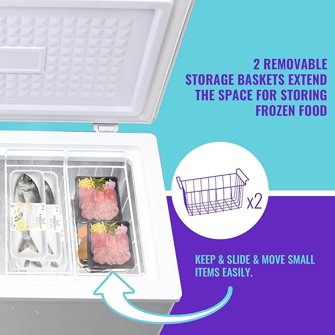 Large Capacity Chest Freezer Ultra-low Temp Compact Deep Freezers (Down to -11.2 ℉) with TWO Removable Baskets Accurate Display of Cabinet Temp Freestanding White