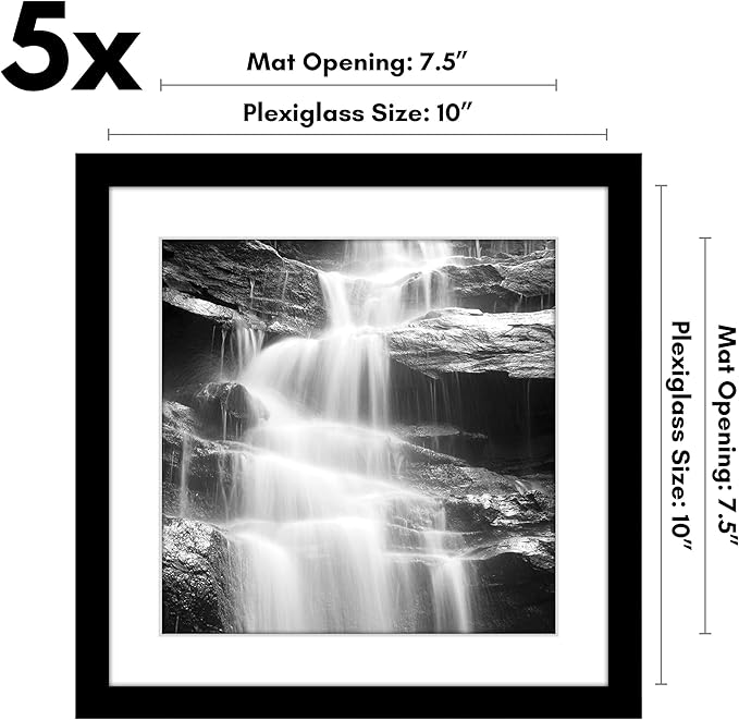 Americanflat 10x10 Picture Frame with Polished Plexiglass - Set of 5 - Use as 8x8 Frame with Mat or Display 10x10 Photo Without Mat - Galleria Collection - Square Frames for Tabletop or Wall - Black
