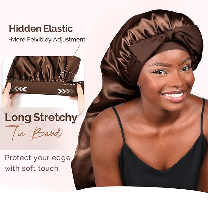 YANIBEST 2Pcs Silk Bonnet for Sleeping Braid Bonnet for Long Hair with Tie Band Bonnet for Braids for Black Women Curly Hair Locs,Black&Brown