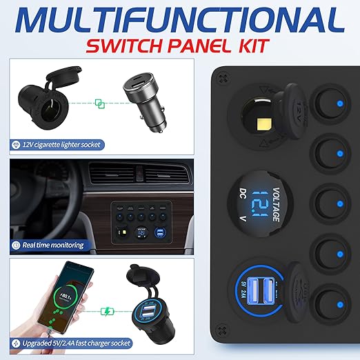 5 Gang Switch Panel 12V/24V Marine Switch Panel Waterproof with 4.8A Dual USB Charger, Digital Voltmeter & Cigarette Lighter Socket, UL Listed Aluminum Rocker Switch Panel for Boat, RV, Car, Truck