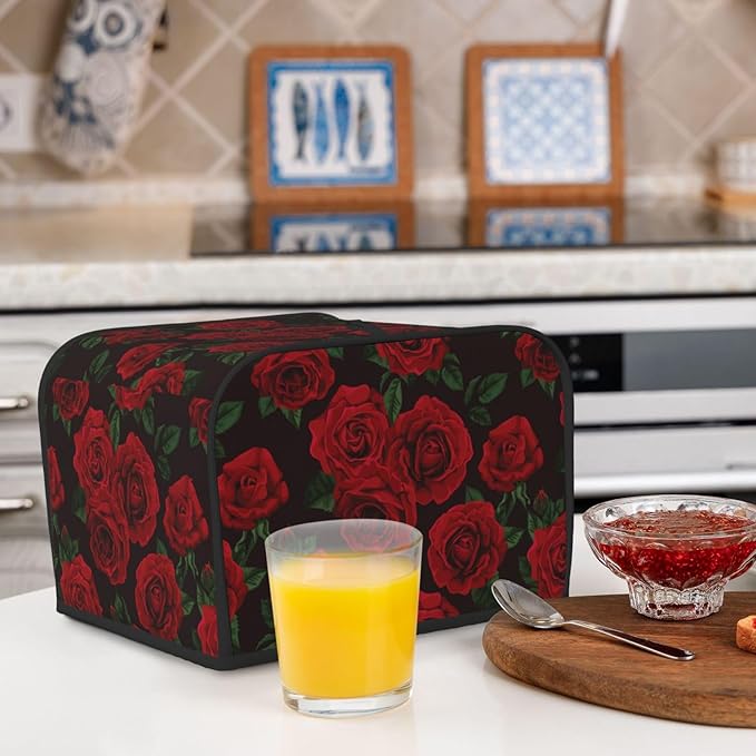 Red Black Rose Flower 4 Slice Toaster Cover, Waterproof Toaster Dust Cover Bread Maker Protective For Small Kitchen Appliance Dining Room Table Home Decor Gifts