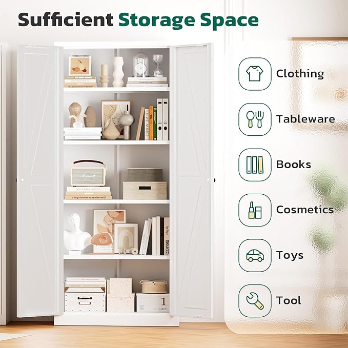 Greenvelly Metal Cabinet, 63" H White Metal Storage Cabinet with Doors and 4 Shelves, Pantry Storage Cabinet for Kitchen, Bedroom, Living Room, Office (Farmhouse)