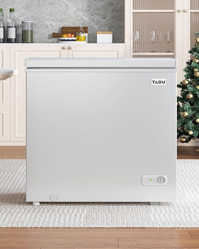 TABU 10 Cu Ft Deep Freezer,Top Opening Chest Freezer with Storage Basket, Energy Saving Compact Freezer with 7 Level Adjustable Thermostat, Removable Basket (White)