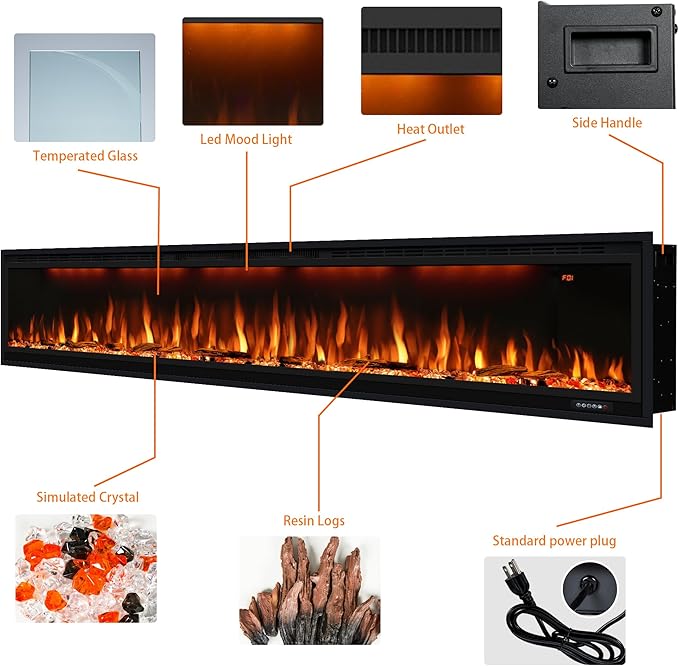 84 inch Smart Electric Fireplaces with App Control, Slim Recessed and Wall Mounted Fireplace Heater for Living Room, Multicolor Flame, Overheating Protection, WiFi-Enabled, Timer, 1500W, Black