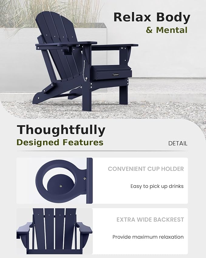 MUCHENGHY Folding Adirondack Chairs Set of 2, Patio & Outdoor Chairs, Plastic Weather Resistant with Cup Holder for Deck, Backyard, Garden (Dark Navy Blue)