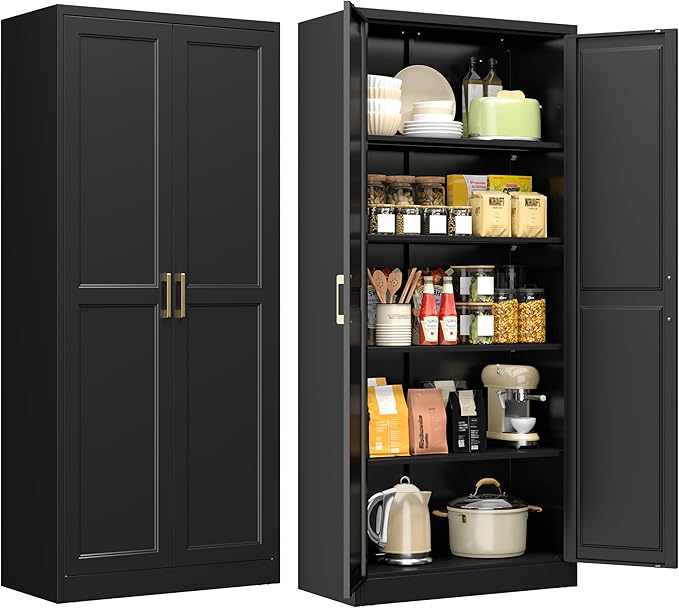 71" Kitchen Pantry Storage Cabinet,Black Tall Storage Cabinet With Doors and Shelves,Metal Food Pantry Cabinets for Kitchen Storage,Freestanding Cupboard for Dining Living Room,Assemble Required