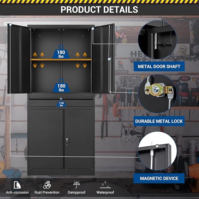 71" Metal Cabinet-Black Heavy Duty Storage File Cabinet Steel Tool Cabinets with Shelves, Lockable Doors and Drawers- for Garage, Pantry, Warehouse - Assembly Required