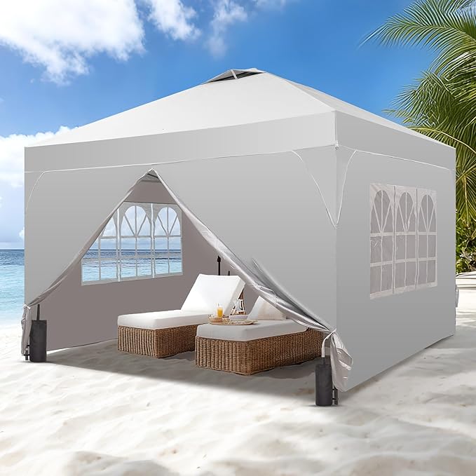 Saemoza 12x12 Pop Up Canopy Tent with One Push Setup, Outdoor Sun Shade Canopy with Vent Top for Backyard Party, Easy Up Instant Shelter with 4-Sandbags & Wheel Bag, White.