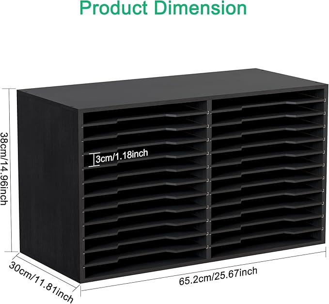 EasyPAG Scrapbook Paper Storage Organizer for Craft Room, 12x12 Paper Storage Desk Shelf, 24 Slot Adjustable File Sorter for Office School Classroom, Black