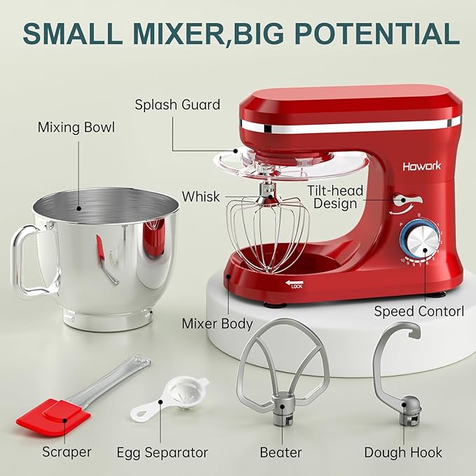 HOWORK Electric Stand Mixer,10+p Speeds Kitchen Mixer With 6.5QT Stainless Steel Bowl,Dough Hook, Wire Whip & Beater,for Most Home Cooks (Red)