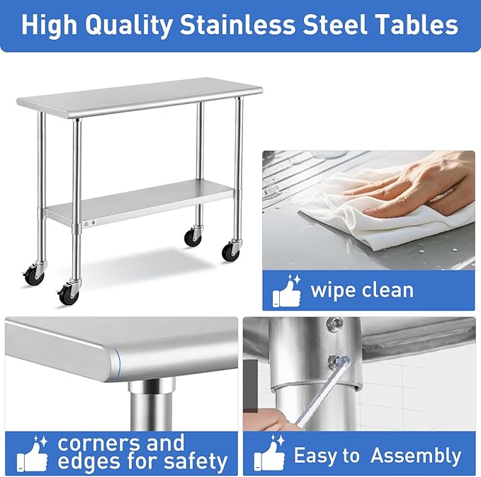 ROCKPOINT Stainless Steel Table for Prep & Work with Caster Wheels 24x60 Inches, NSF Metal Commercial Kitchen Heavy Duty Table with Adjustable Under Shelf and Table Foot for Restaurant, Home and Hotel