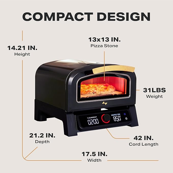 Current Model P Smart Electric Pizza Oven, 12-Inch, 850°F Max, 8 Cooking Modes, App Connectivity for Temperature Monitoring & Custom Cooking Times, Compact for Indoor & Outdoor Use, Beige