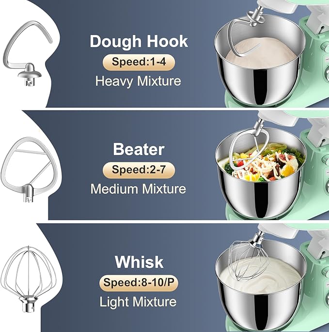 Stand Mixer, 6.5QT 10 Speeds Tilt-Head Electric Stand Mixer, 3-In-1 Kitchen Mixer with Bowl, Dough Hook, Whisk and Beater, Food Mixer for Baking and Daily Use (Green White)
