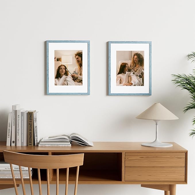 Vittanly 11x14 Picture Frame Set of 2, Solid Wood Frame for Wall Art Photo and Prints, Display Photo 8x10 with Mat or 11x14 without Mat, Rustic Blue