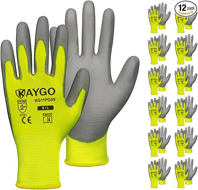 KAYGO Safety Work Gloves for Men and Women PU Coated, 12 Pairs Seamless Knit Glove with Thin Polyurethane Coated Smooth Grip on Palm&Fingers, Ideal for General Light Duty Work, KG11PB Green,Large