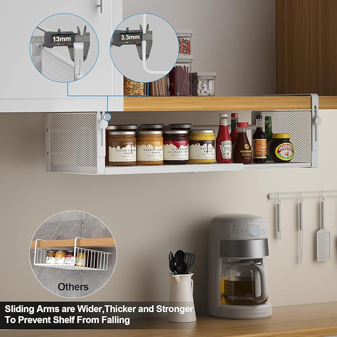 2Pack Under Shelf Basket, Adjustable Hanging Under Cabinet Shelf Storage, Hanging Holder Length Stretchable 14.9-22.6Inch for Kitchen Pantry Desk Counter Bookshelf Cupboard (White)