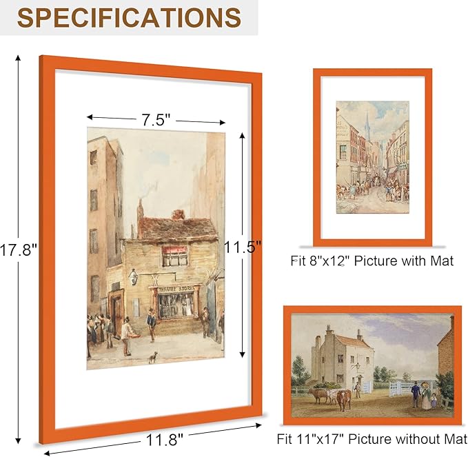 Vittanly 11x17 Picture Frame, Solid Wood Frame with Plexiglass, Includes 8x12 Mat, Wall Hanging for Photos, Home Decor, Orange, 1 Pack