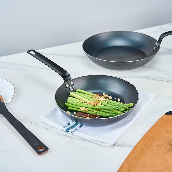 Restaurantware-Met Lux 9.5 Inch Fry Pans, 6 Lightweight Frying Pans - Induction-Ready, Triple-Riveted, Black Carbon Steel Cooking Skillets, Durable, For Searing, Sauteing, And Browning Food