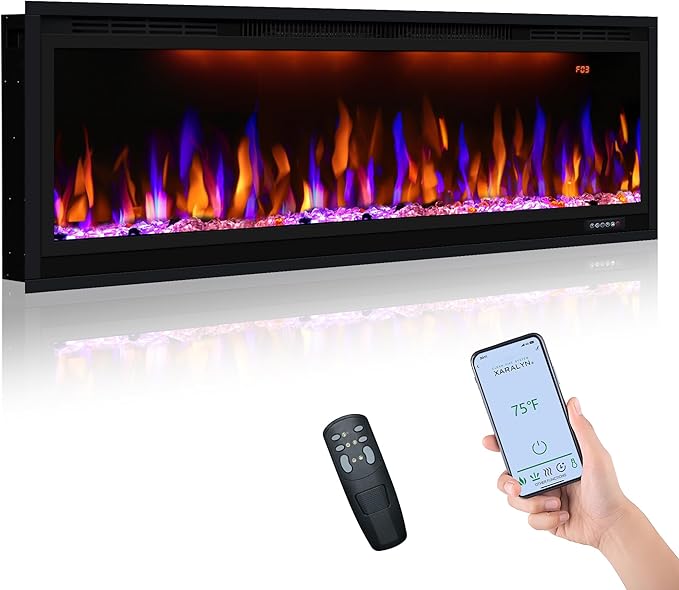 Electric Fireplace 42 inch, Recessed Wall Mounted Fireplace Heater, Linear in-Wall Fireplace, Logs & Crystal Options, 750/1500W, Black (42")