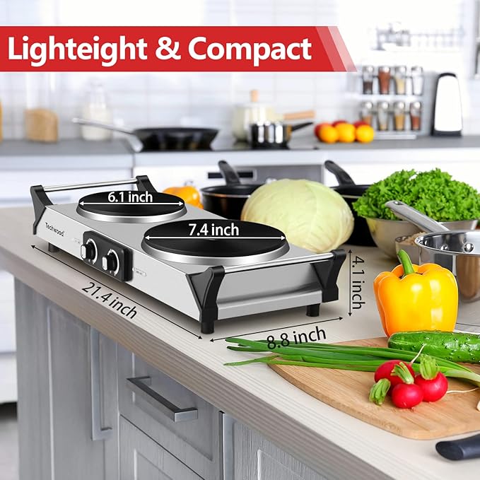 Hot Plate, Techwood Double Burner for Cooking, 1800W Countertop Electric Stoves with Adjustable Temperature & Stay Cool Handles, Dual Cooktop for RV/Home/Camp, Upgraded Version Stainless Steel, Silver