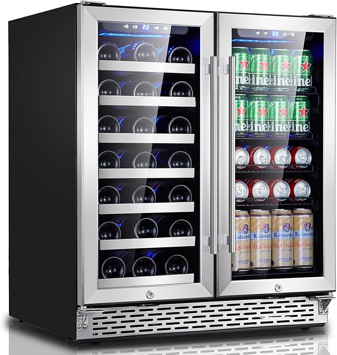 Phiestina Wine and Beverage Refrigerator, 30 inch Dual Zone Wine Fridge with Glass Door 33 Bottles & 100Cans, Built-in or Freestanding Beer Drink Wine Cooler with Blue LED Light