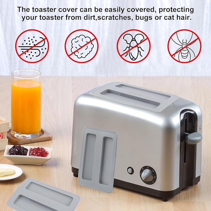 2 Pack Toaster Cover,Silicone Toaster Lid Bread Machine Cover 2 Slice Wide Slot,Electric Bread Maker Upper Covers for Clean Organized Kitchen(Grey)