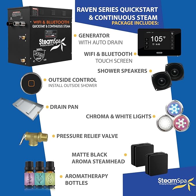 SteamSpa Steam System 10.5kW Steam Shower Generator with Bluetooth Wifi, Quickstart Continous Steam, Advanced Touch Pad Screen, Chroma Lights, Drain Pan and Auto Drain Black Color Trim | RVBS1050BK-A