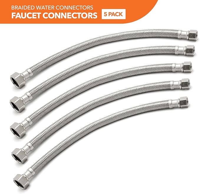 Stainless Steel Braided Water Connectors with Reinforced PVC Inner Hose for Faucets, 3/8" Compression x 1/2" FIP, 30" Length (5Pack)