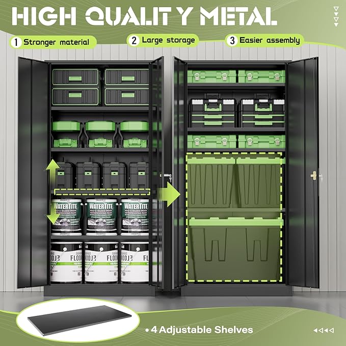 Oakmont Metal Storage Cabinet for Tool Organization, 72" Lockable Garage Storage Cabinets with 2 Doors and 4 Adjustable Shelves, Locking File Cabinet for Office, Home, School (72“ Wide-Black)