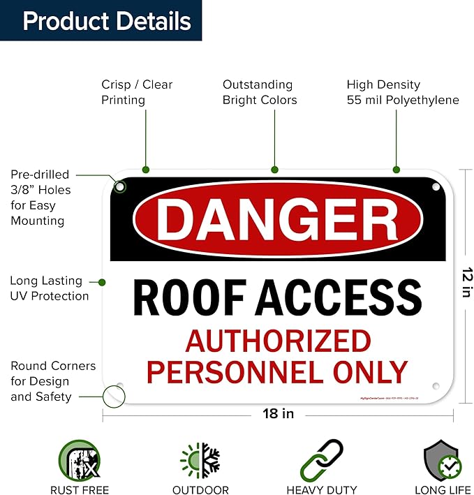 Danger Roof Access Authorized Personnel Only Sign, 12x18 Inches, 55 mil thick HDPE (high density polyethylene), Made in USA by My Sign Center