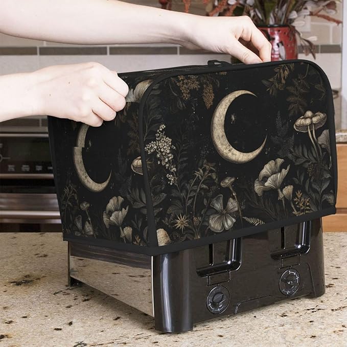 2 Slice Toaster Cover for Kitchen Vintage Botanical Moon Waterproof and Dustproof Toaster Dust Cover with Side Pockets Decorative Universal Cover for Wide Slot Toasters and Small Appliances