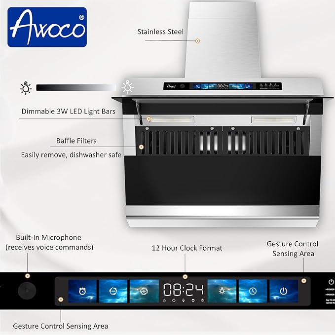 Awoco 30" Wall Mount Range Hood, Side-Draft Design, 4 Speeds Exhaust Fan with 800 CFM, Voice, Gesture, Touch & Remote Control, 6" Vent, Dimmable LED Light Bars, Adjustable Chimney up to 39"