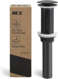 KES Bathroom Sink Drain with Extended Thread, All Metal Pop Up Drain Stopper without Overflow for Thicker Vessel Sinks and Countertops, Brass and Stainless Steel Matte Black, S2022D-BK