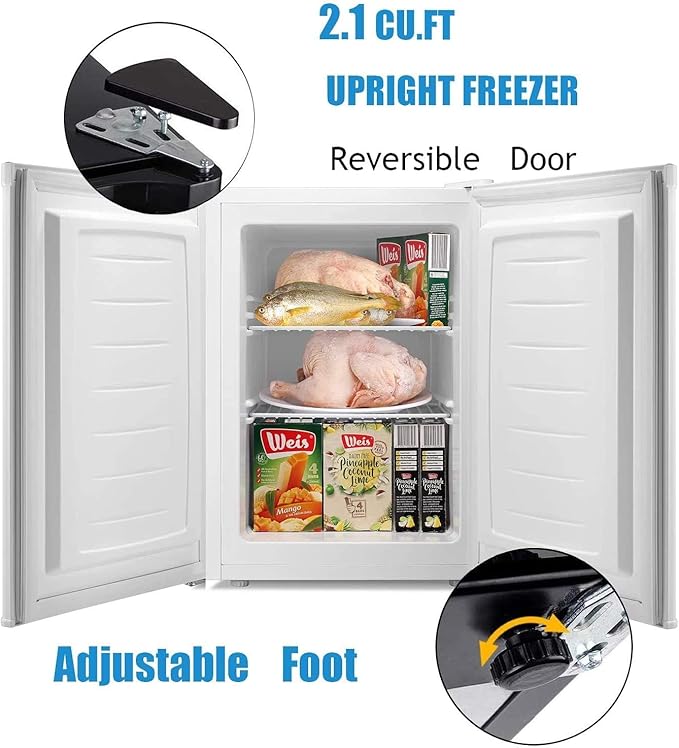 Antarctic Star 2.1 Cu.Ft Upright Freezer, Ultra-Compact Mini Freezer with Reversible Door, 7-Temp Control, Removable Shelves, Stainless Steel for Dorm, Home, Office, White