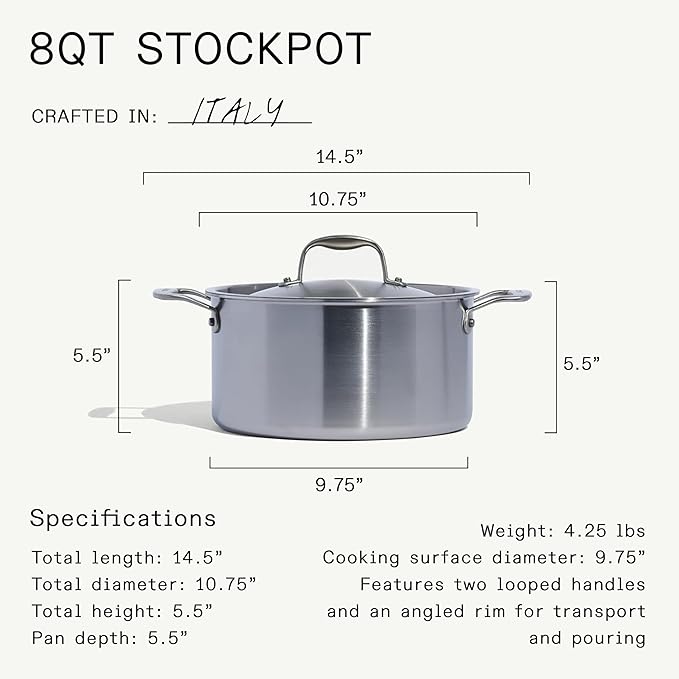 Made In Cookware - 8 Quart Stainless Steel Stock Pot With Lid - 5 Ply Stainless Clad - Professional Cookware - Crafted in Italy - Induction Compatible