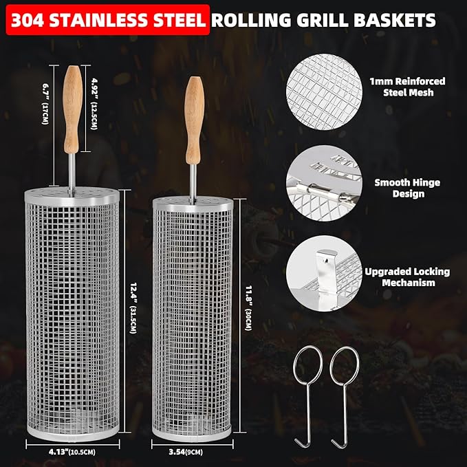 Rolling Grill Basket Grilling Gifts for Men, Nesting Grilling Baskets for Vegetable Small Meat, Removable Handle, 304 Stainless Steel, Outdoor Grill Accessory BBQ Gift for Birthday & Christmas