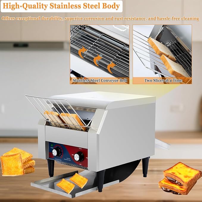CTJ Commercial Toaster 300 Slices/Hour Electric Conveyor Belt Toaster Heavy Duty Stainless Steel Rotating Toasters Machince for Croissants Bun, Bagel, Bread
