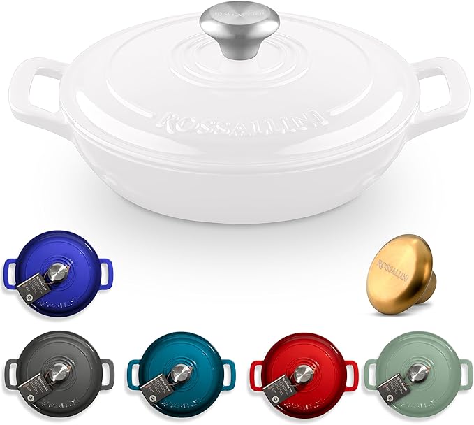 Signature Enameled Cast Iron Braiser, Non-Stick Serving Pot with Tight Fitting Lid for Perfect Roasting, Baking, Sauteing, Searing, and Pan Frying | 1.5Q (1.4L) - White