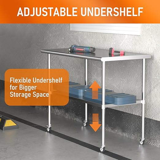 Stainless Steel Table with Wheels 30" x 48" Utility Worktable with Adjustable Undershelf for Commercial Kitchen, Garage, Restaurant