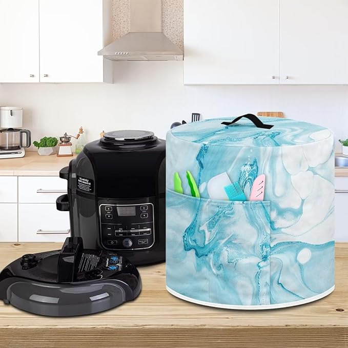 Cover for 3 Quart Pressure Cooker and Air Fryer, Stain Resistant Washable Protective Electric Appliance Cover with Front Pocket Kitchen Decoration, Light Blue Marble
