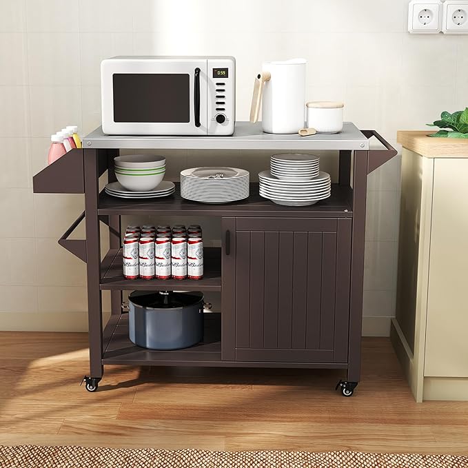 Giantex Outdoor Grill Cart with Storage Cabinet & Shelves, Patio Kitchen Island Table with Stainless Steel Top, Spice & Towel Rack, Movable Pizza Oven Stand on Wheels, Rolling Bar Cart BBQ Prep Table