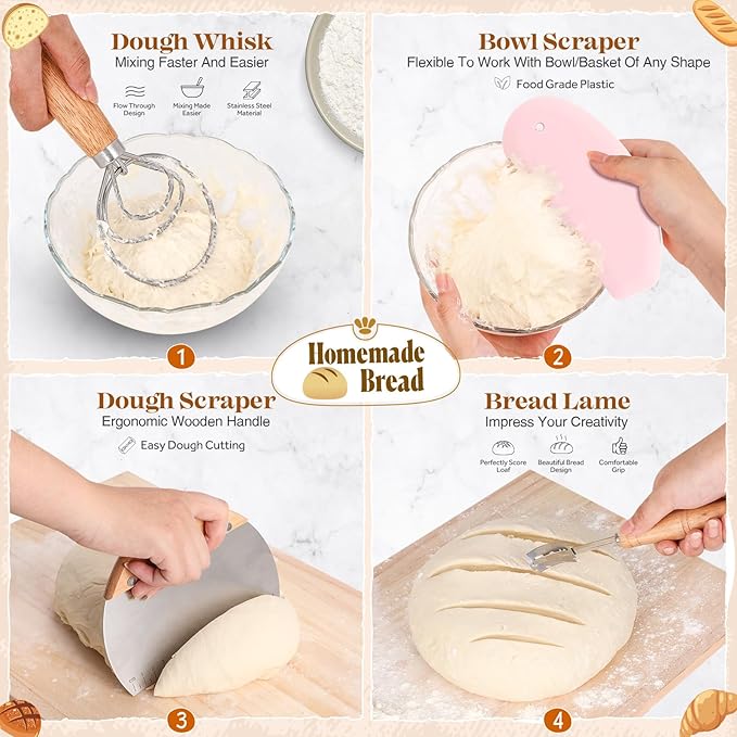 Sourdough Starter Kit, Sourdough Bread Baking Supplies, Sour Dough Starter Kits, Pink Sourdough Kit, Baking Gifts for Women, Bread Proofing Basket, Sour Dough Bread Making Kit Tools Baking Set