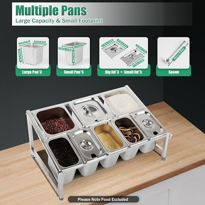 20"Pizza Topping Station with 8 Pans& Lids, Stainless Steel Food Pans Condiment Dispenser Food Container Countertop Spice Rack Organizer Holder for Seasoning Sauce Salad Jam Fruits Ingredients